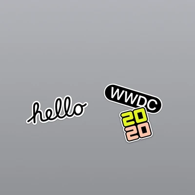 Pegatinas con los logotipos de "hola" y "WWDC 2020", ideales para dispositivos Apple como iPad y MacBook.