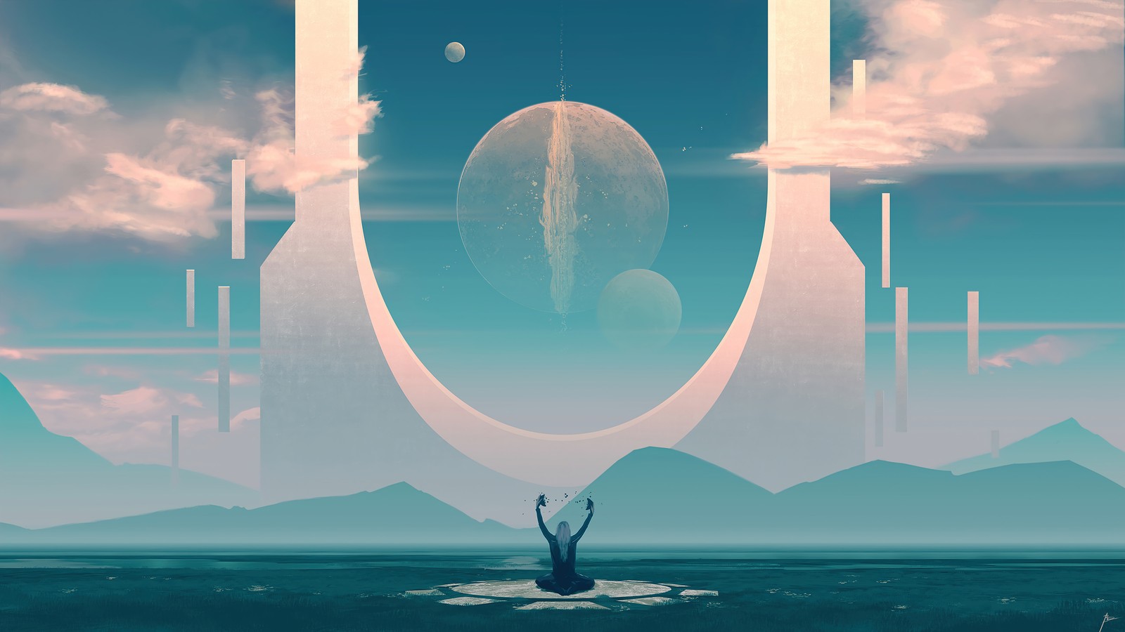 A man standing in the middle of a body of water with a giant moon in the background (fantasy, ritual, art, digital art)