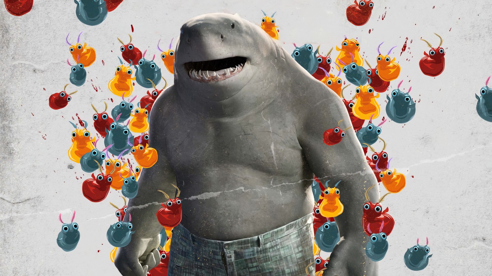 Existe um tubarão com uma grande boca e muitos pequenos monstros ao seu redor (king shark, esquadrão suicida, filme, 2021)