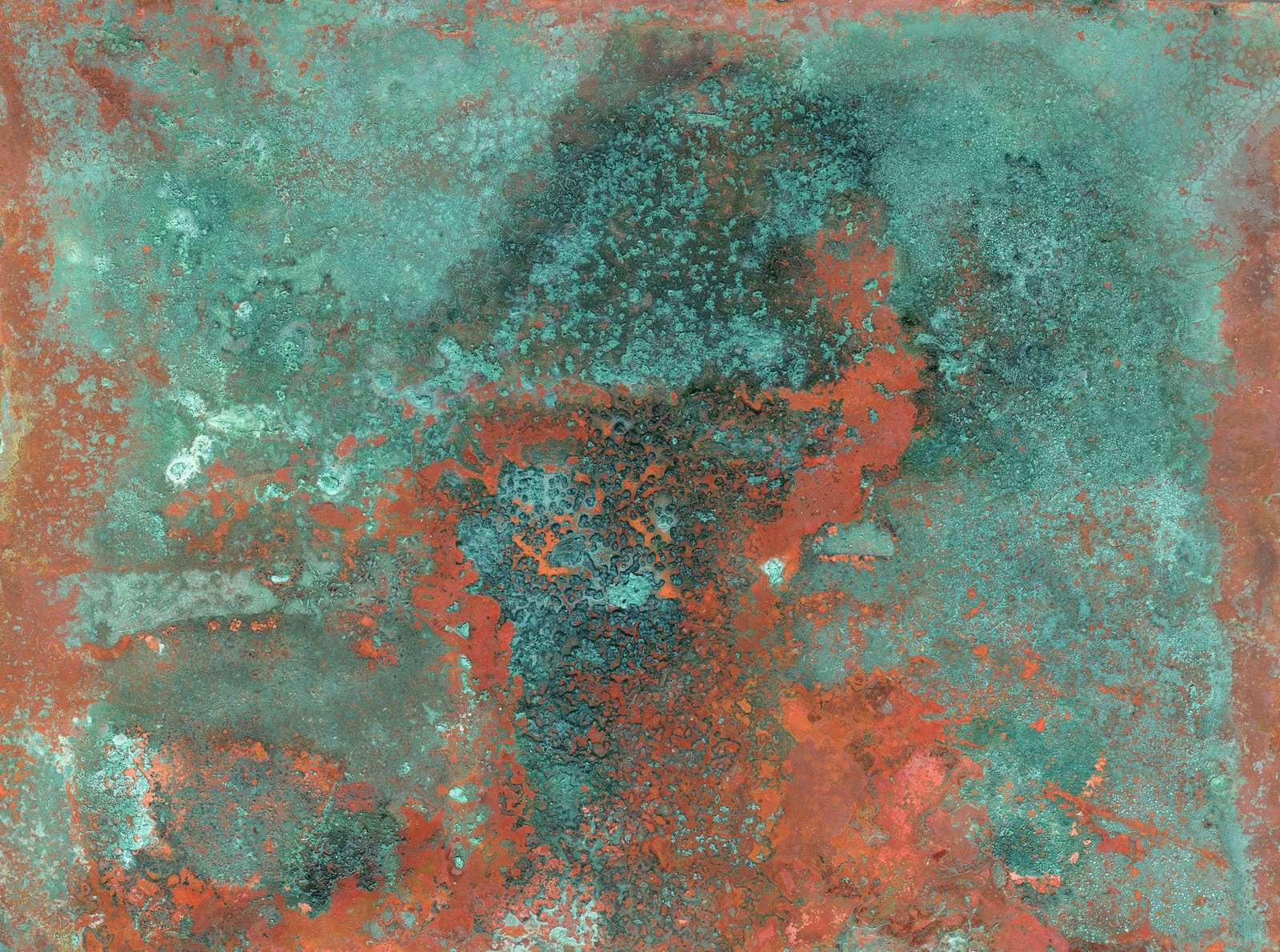 A close up of a rusted metal surface with a red and green paint (acrylic paint, painting, metal, art, turquoise)