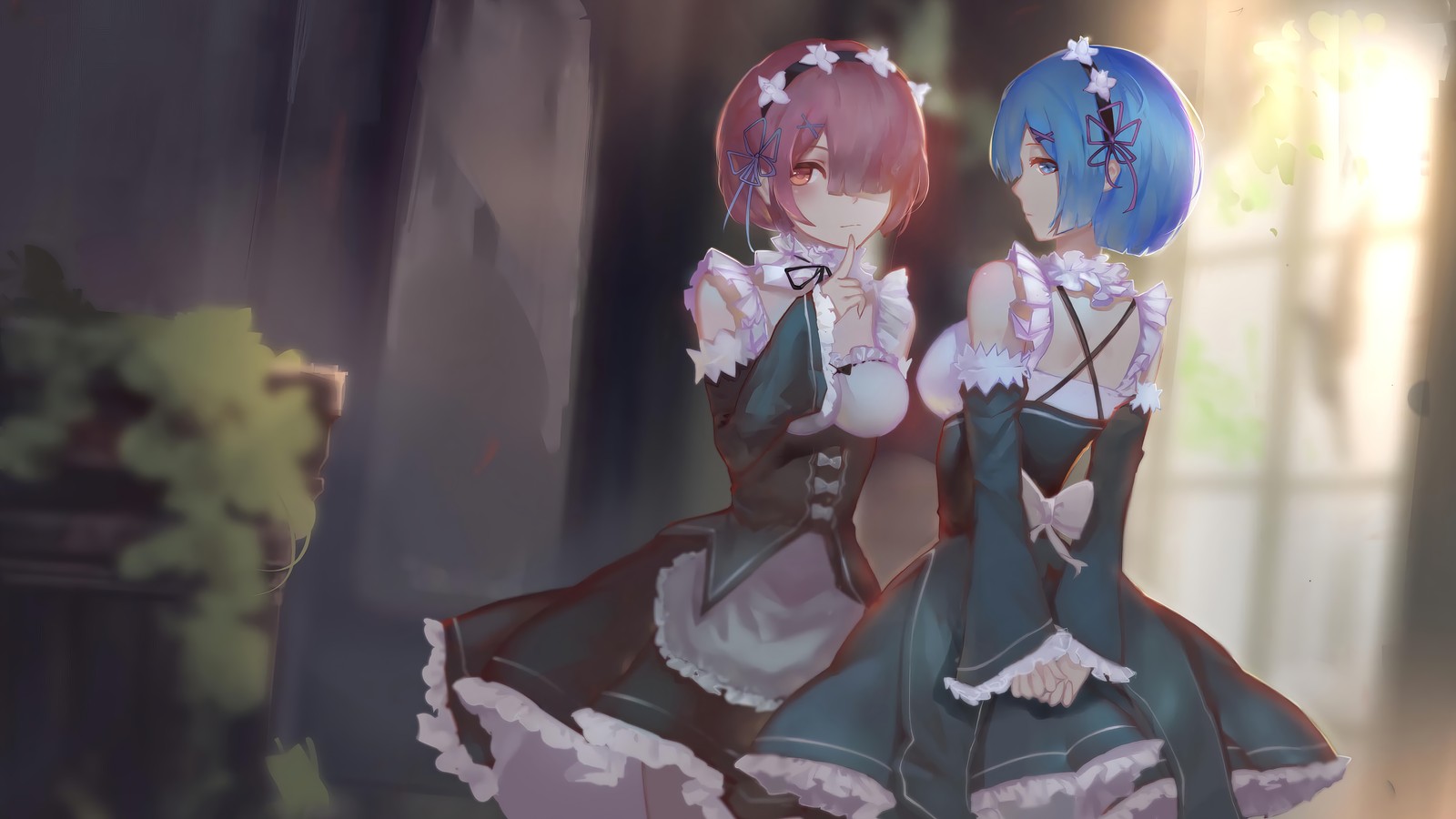 Image de style anime de deux femmes habillées en costumes de servantes (bélier, rem, filles danime, femme de ménage, re zero)