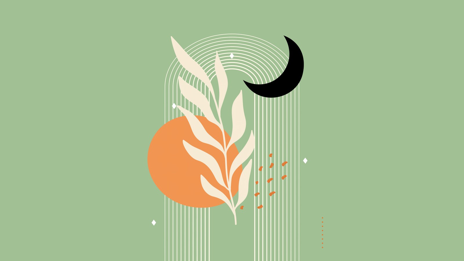 A green and white poster with a crescent and plants (abstract background, sage green, sage green abstract, 5k, abstract)