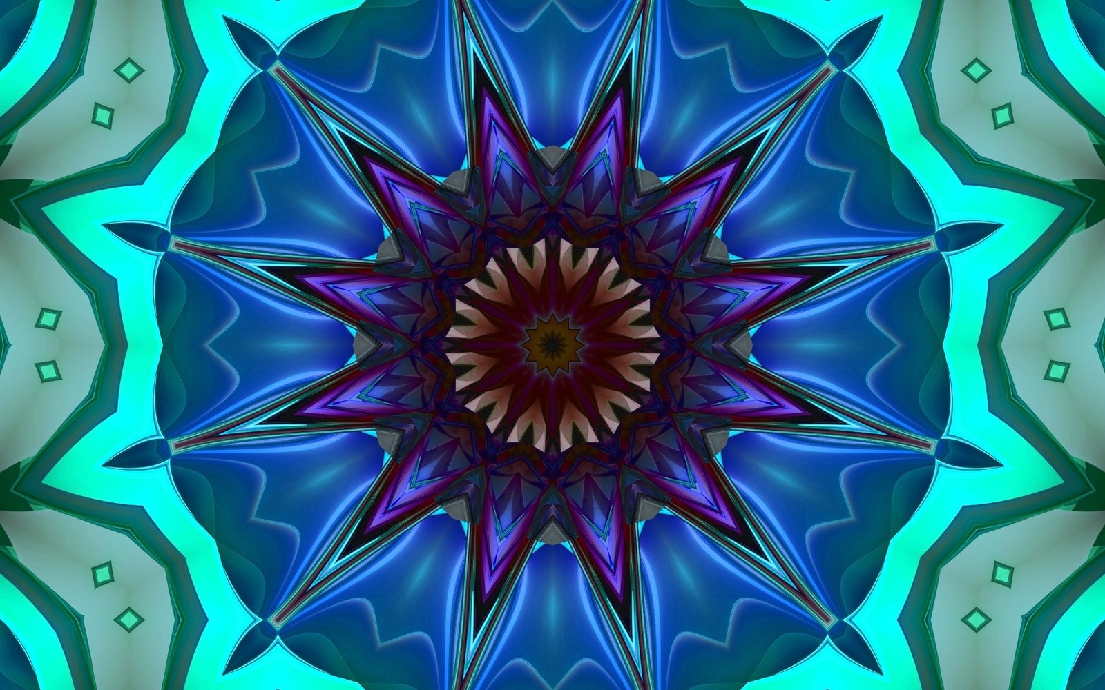 Une étoile bleue et violette sur un fond vert (kaléidoscope, art psychédélique, bleu, art fractal, symétrie)