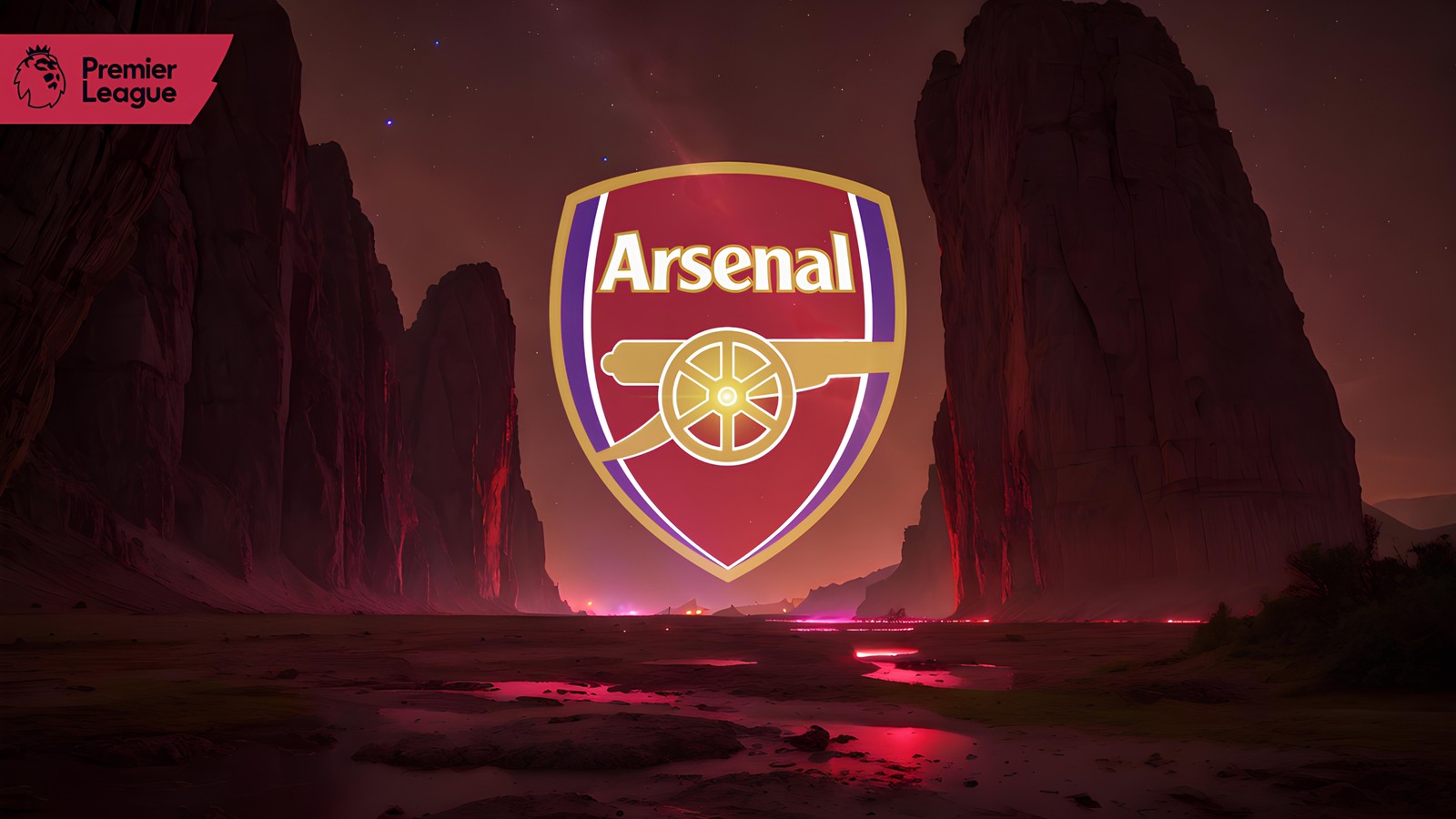 Um logotipo vermelho e amarelo em um fundo escuro com um rio (arsenal fc, logo neon, clube da premier league, clube de futebol, 5k)