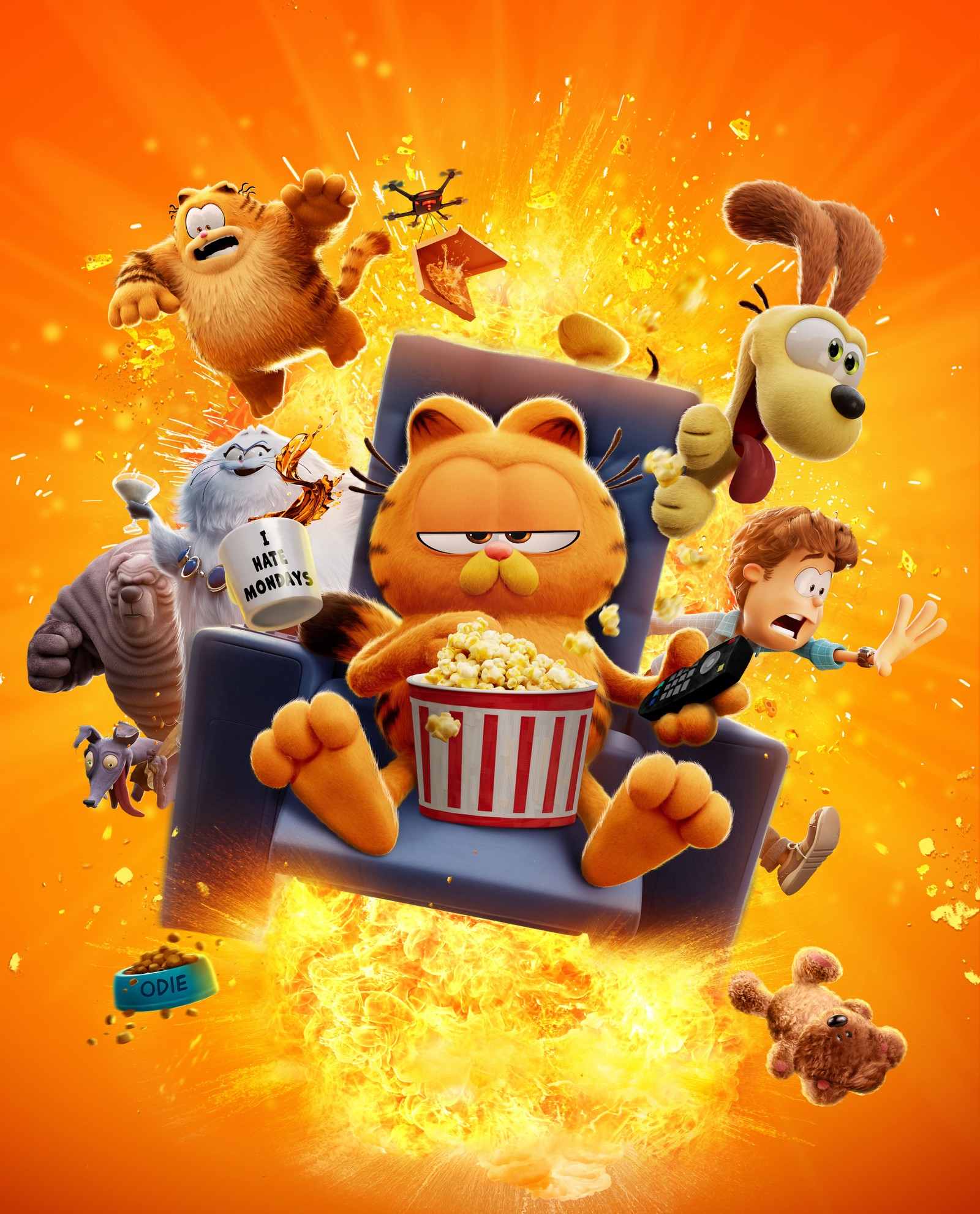 Garfield, el gato, está viendo una película con sus amigos (la película de garfield, 8k, cartel de película, 5k, películas de 2024)