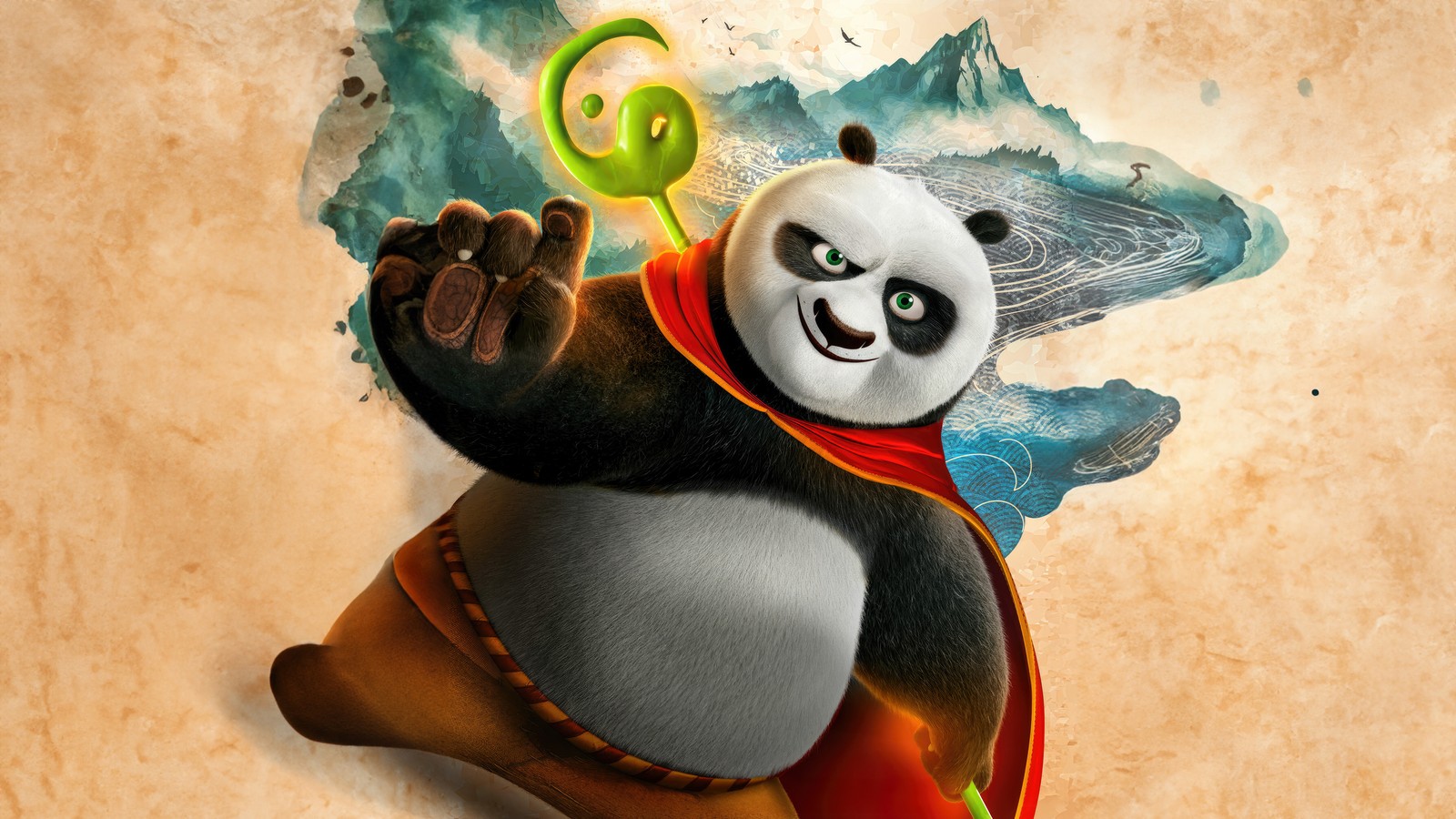 Un gros plan d'un panda avec une cape (kung fu panda 4, po kung fu panda, films danimation, films de 2024, films)