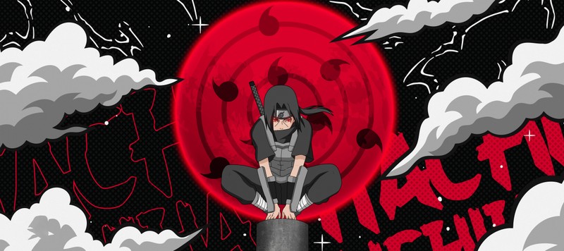 Крупный план человека, сидящего на столбе с красным кругом (itachi uchiha, широкоформатный, 8k, naruto, 5k)