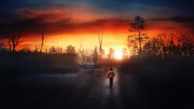 Solitary Figure Walking Towards an Orange Dusk in a Natural Landscape