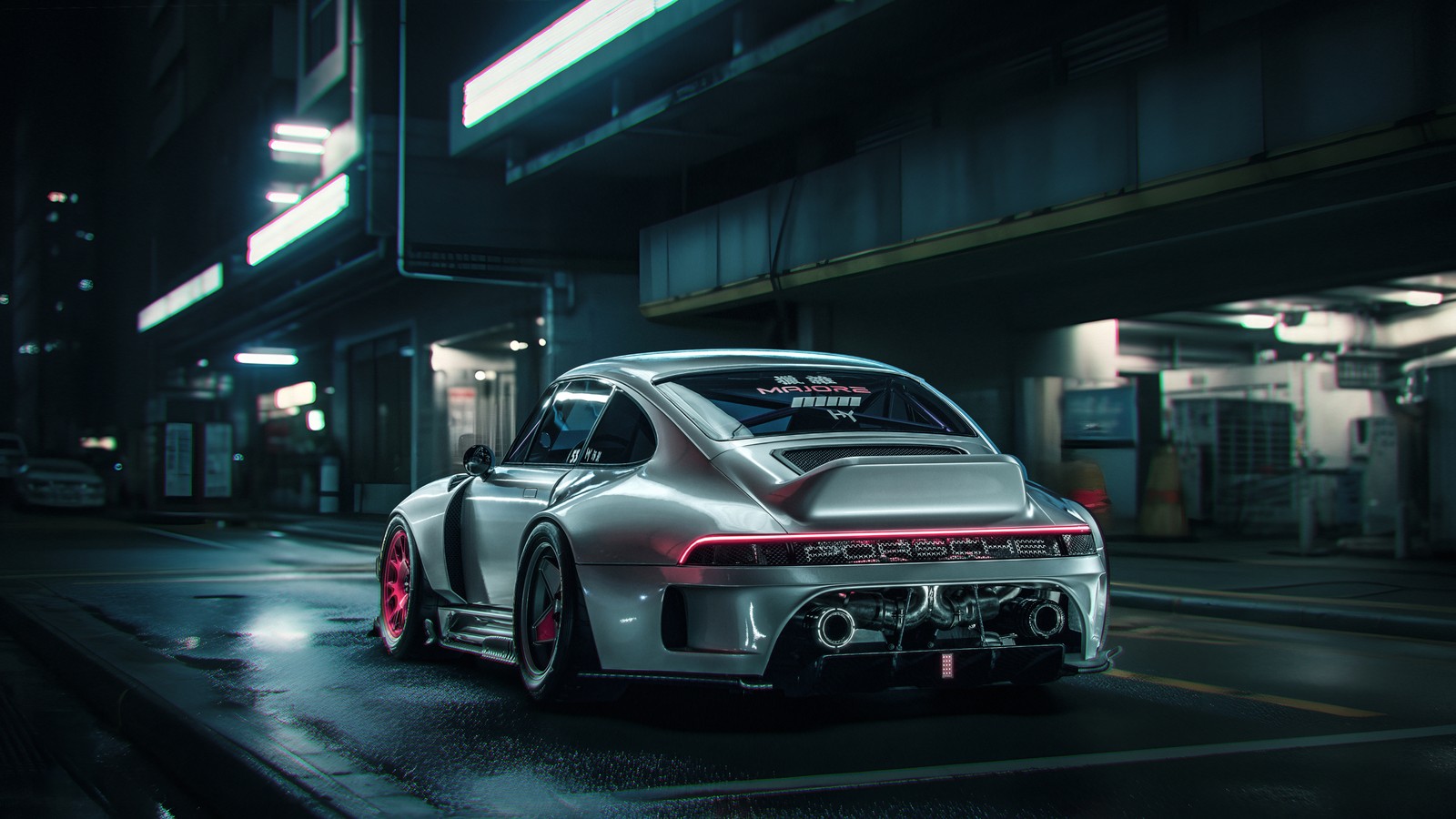 A close up of a car parked on a street at night (porsche 911, cyberpunk, cgi, 5k, cars)