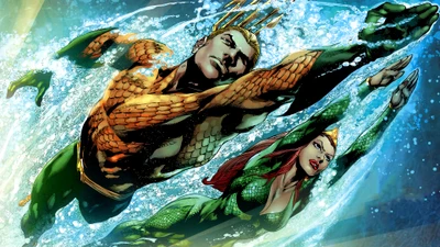 Aquaman e Mera em uma cena de ação subaquática dinâmica dos quadrinhos da DC.