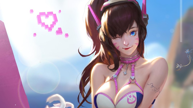 Крупный план женщины в бикини с кошкой (dva, overwatch, видеоигра)