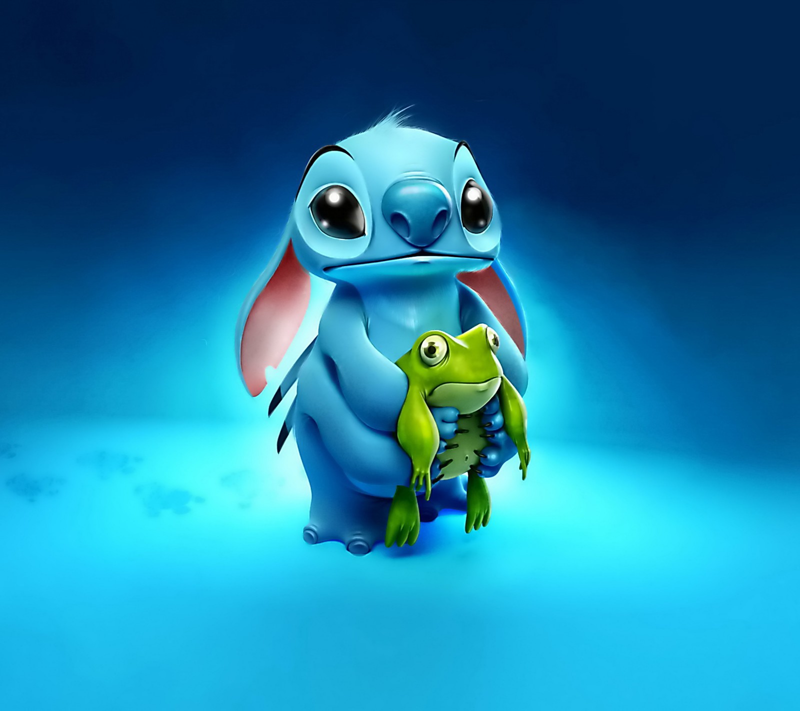 A close up of a cartoon character holding a frog (cute, frog, stitch)