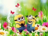 Joyful Minions Celebrating in a Colorful Meadow