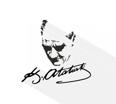 Ilustración vectorial de la silueta de Mustafa Kemal Atatürk con su firma, simbolizando la herencia turca.