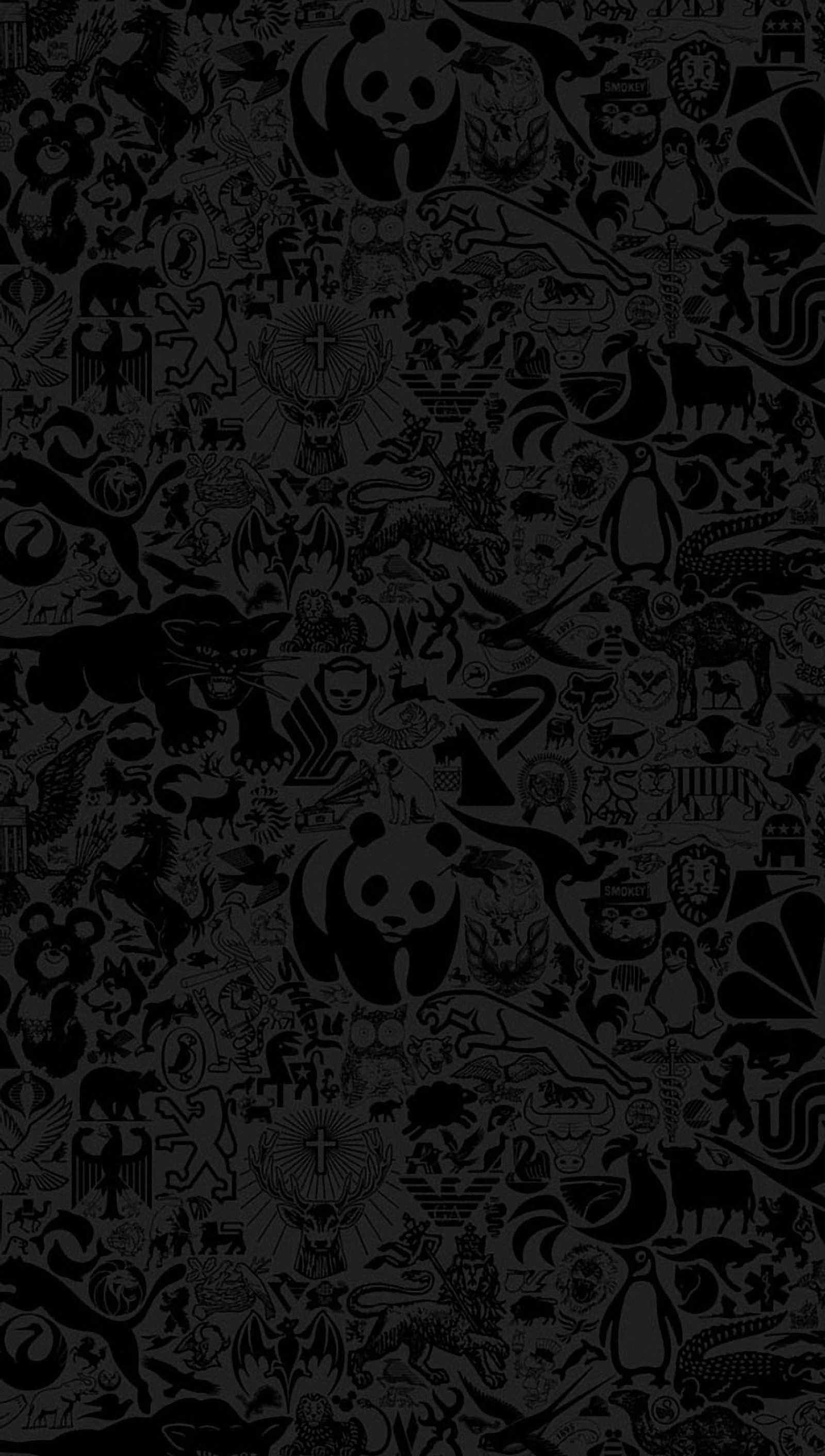 A black and white photo of many different cartoon characters (black, dark, galaxy s7)