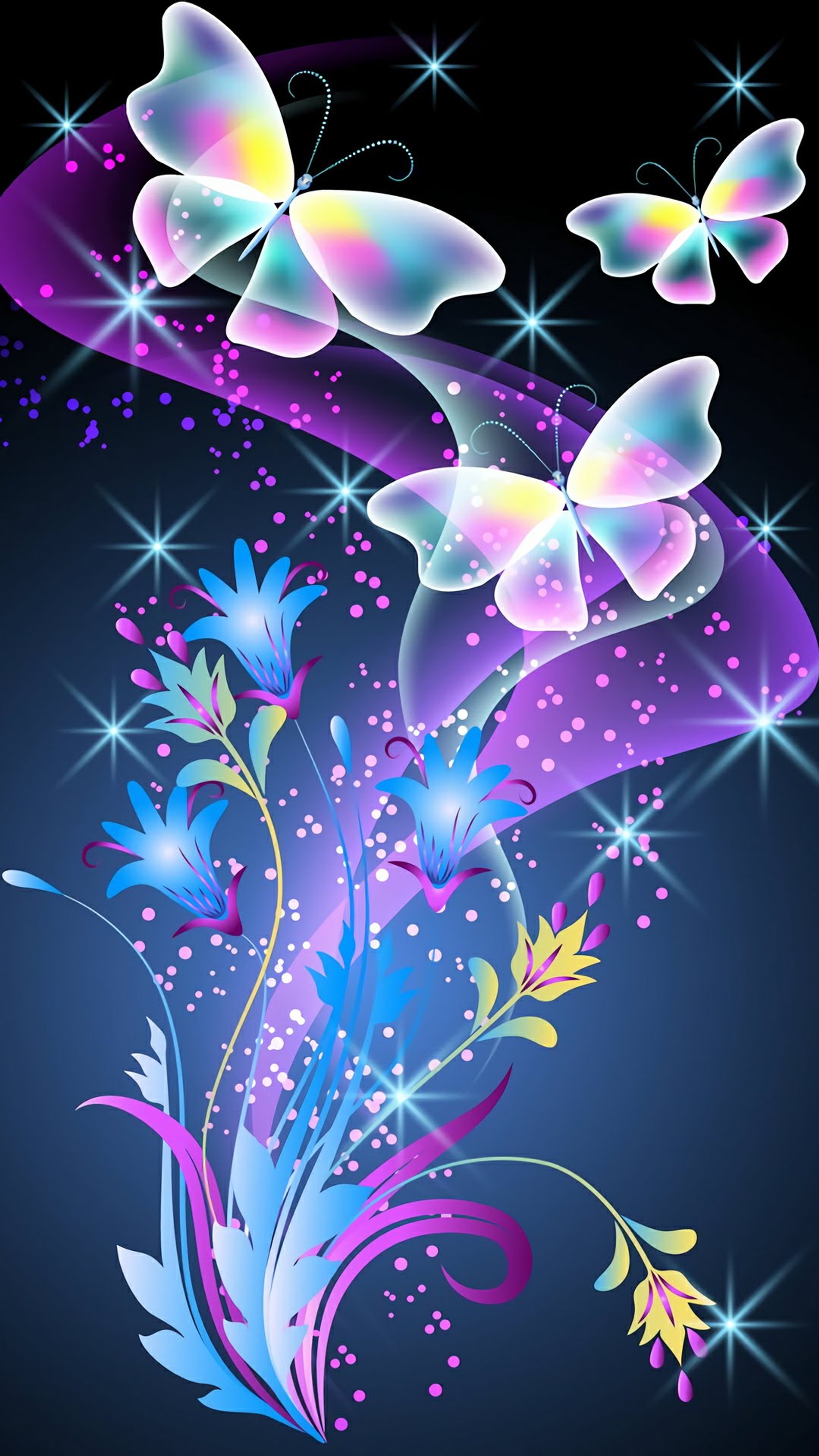 Butterflies and flowers with stars on a black background (abstract digital, butterflies)