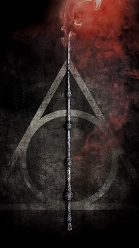 A dark, textured background features the iconic symbol of the Deathly Hallows, with a wand emitting red smoke, embodying the essence of magic and power in the Harry Potter universe.