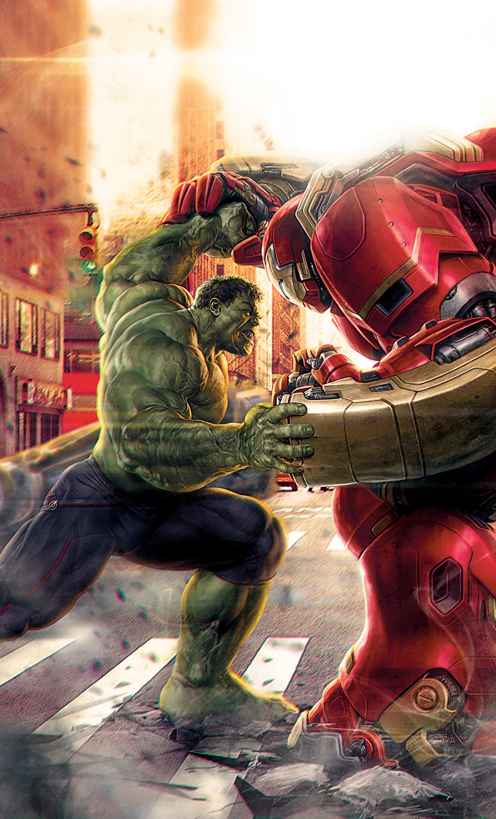 Hulk and iron man fight in the middle of a city street (art, avengers, fantasy, hulk, iron man)