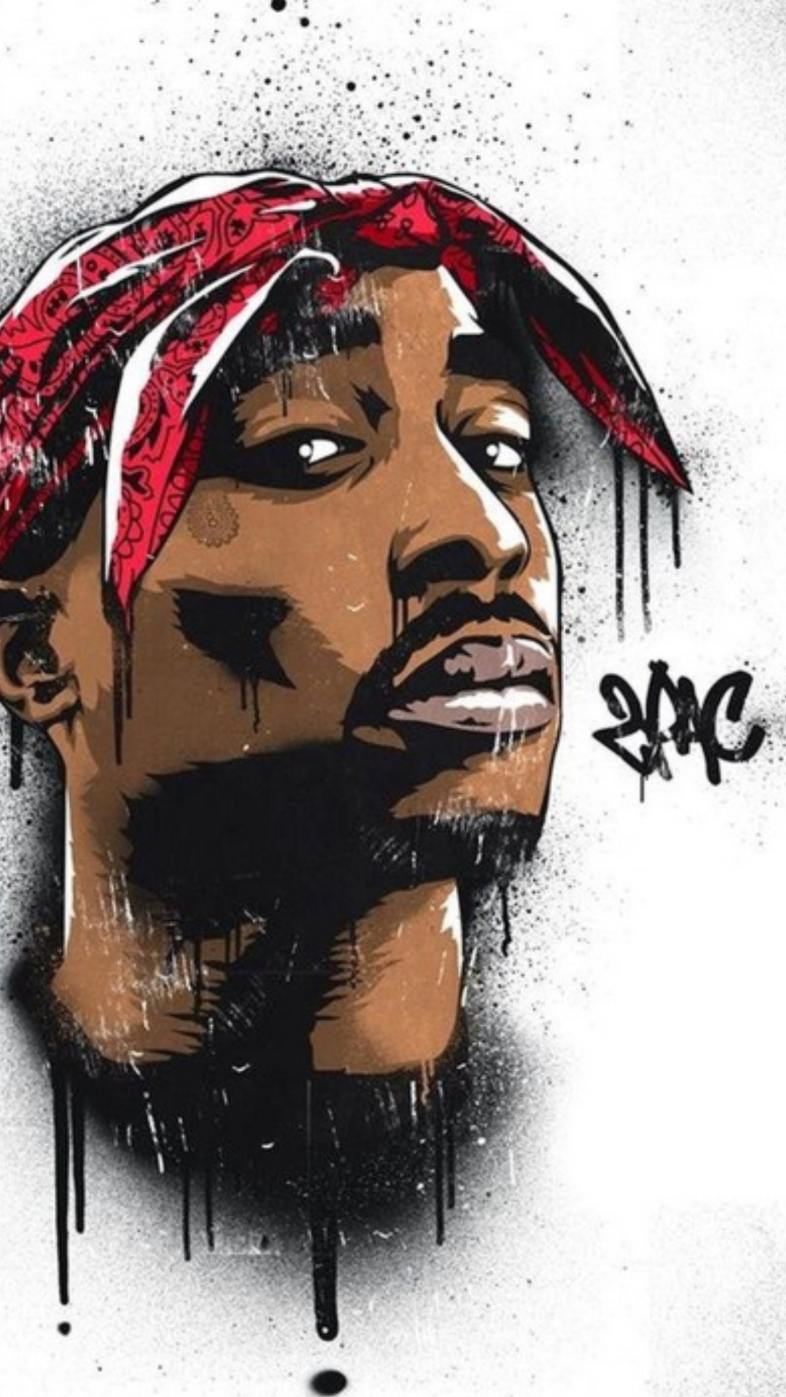 Un dessin d'un homme avec un bandana rouge sur la tête (2pac, sang, bande, pac, rap)