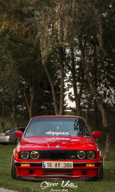 BMW E30 rouge élégant dans un cadre de parc pittoresque