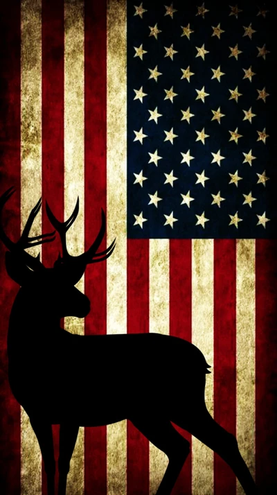 Silhouette of a deer against the backdrop of the American flag.