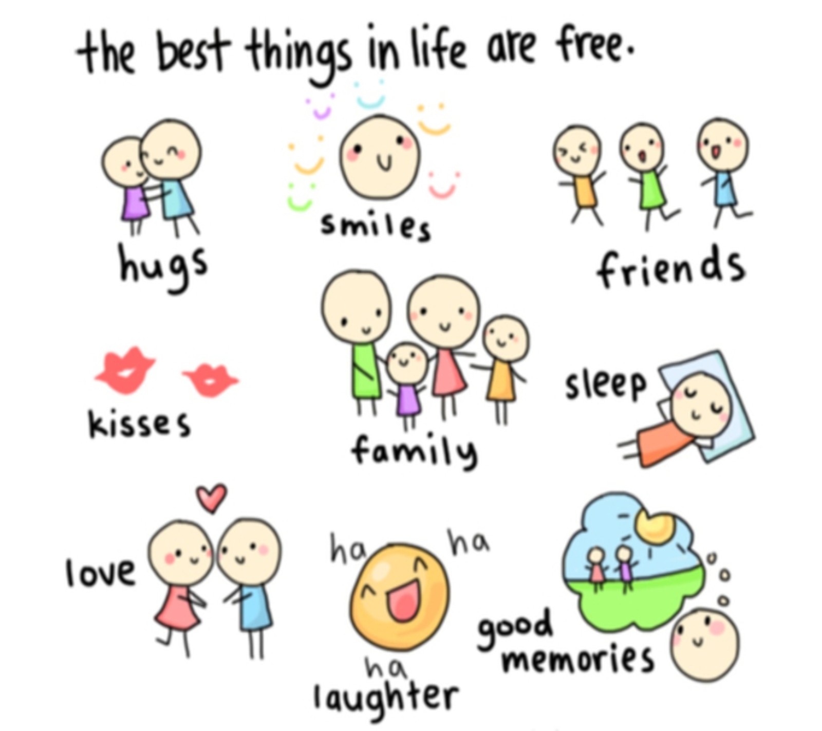 A cartoon drawing of a family with the words best things in life are free (free, hug, life, love, things)