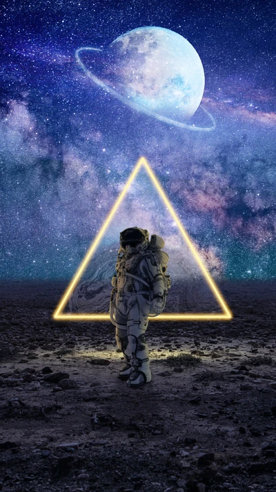 Llegada surrealista de un astronauta a través de un portal triangular de neón en una galaxia expansiva