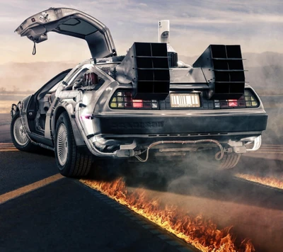 DeLorean futurista na estrada em chamas