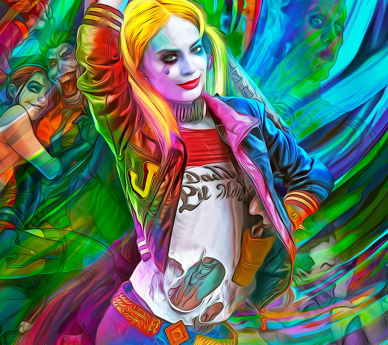 A brightly colored painting of a woman dressed as a joker (cartoon, comics, dc, drawn, hollywood)