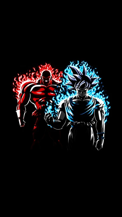 Goku et Jiren dans un affrontement dynamique, entourés d'auras d'énergie vibrantes bleues et rouges.