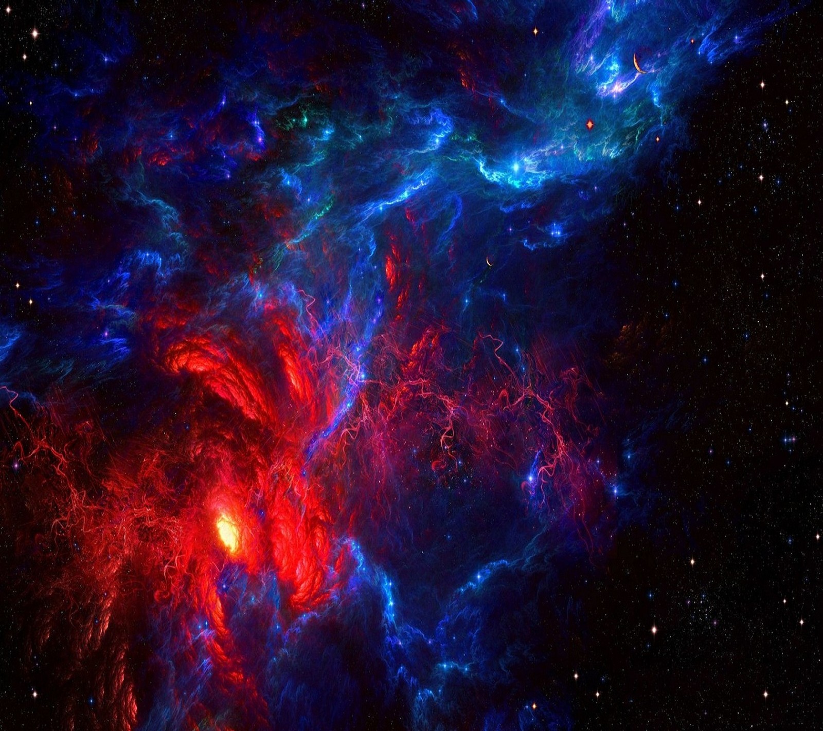 Gros plan d'une nébuleuse rouge et bleue brillante avec des étoiles (incroyable, univers)