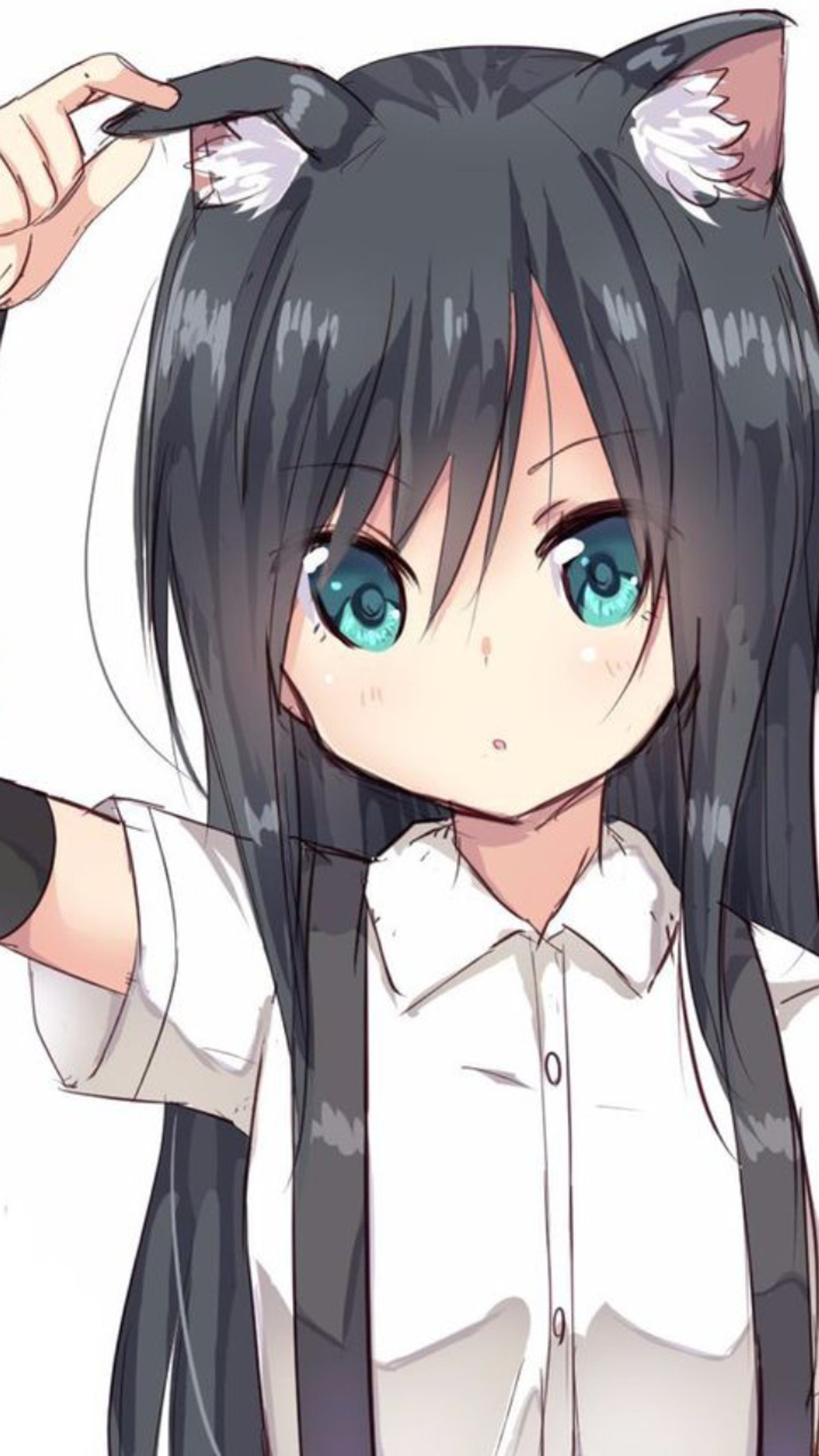 Menina anime com cabelo preto e olhos azuis vestindo uma camisa branca (anime, gato, fofo, menina, kawaii)