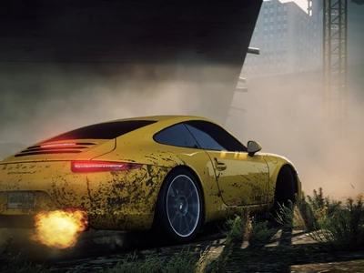 Yellow Porsche Racing Through Dusty Urban Terrain