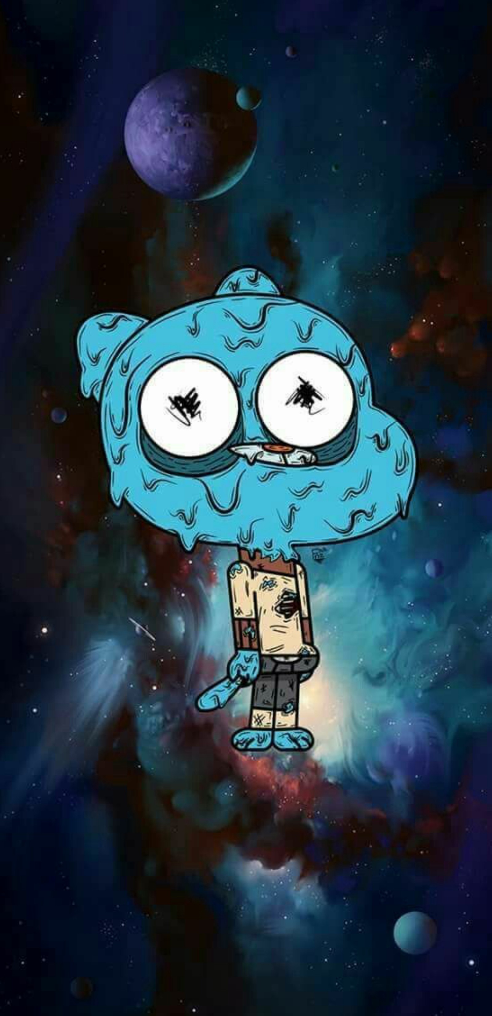 Un personaje de dibujos animados con cara azul y nariz negro (gumball, darwin)