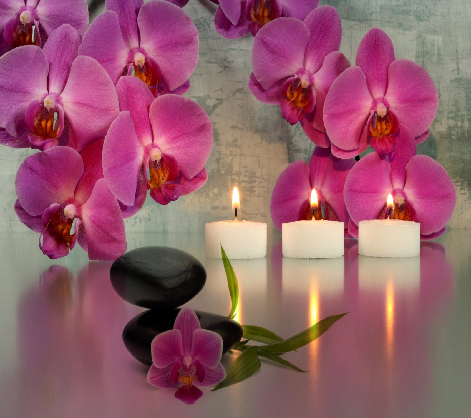 Orquídeas moradas y velas están sobre una mesa com uma pedra (fondo de pantalla, zen)