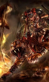 Fierce Warrior Riding an Animated Tiger in an Abstract Fiery Landscape