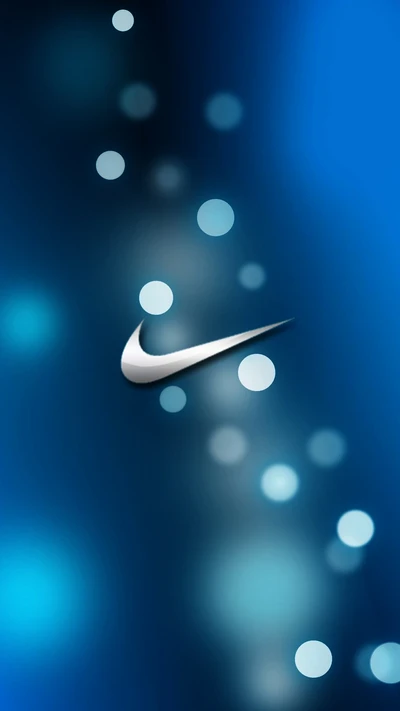 Logotipo da Nike em um fundo azul com suaves efeitos bokeh brilhantes.