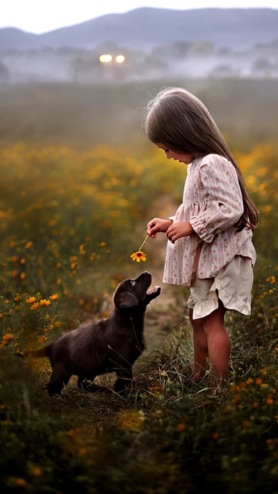 Reine Liebe: Ein Mädchen und ihr bester Hund auf einem Blumenfeld