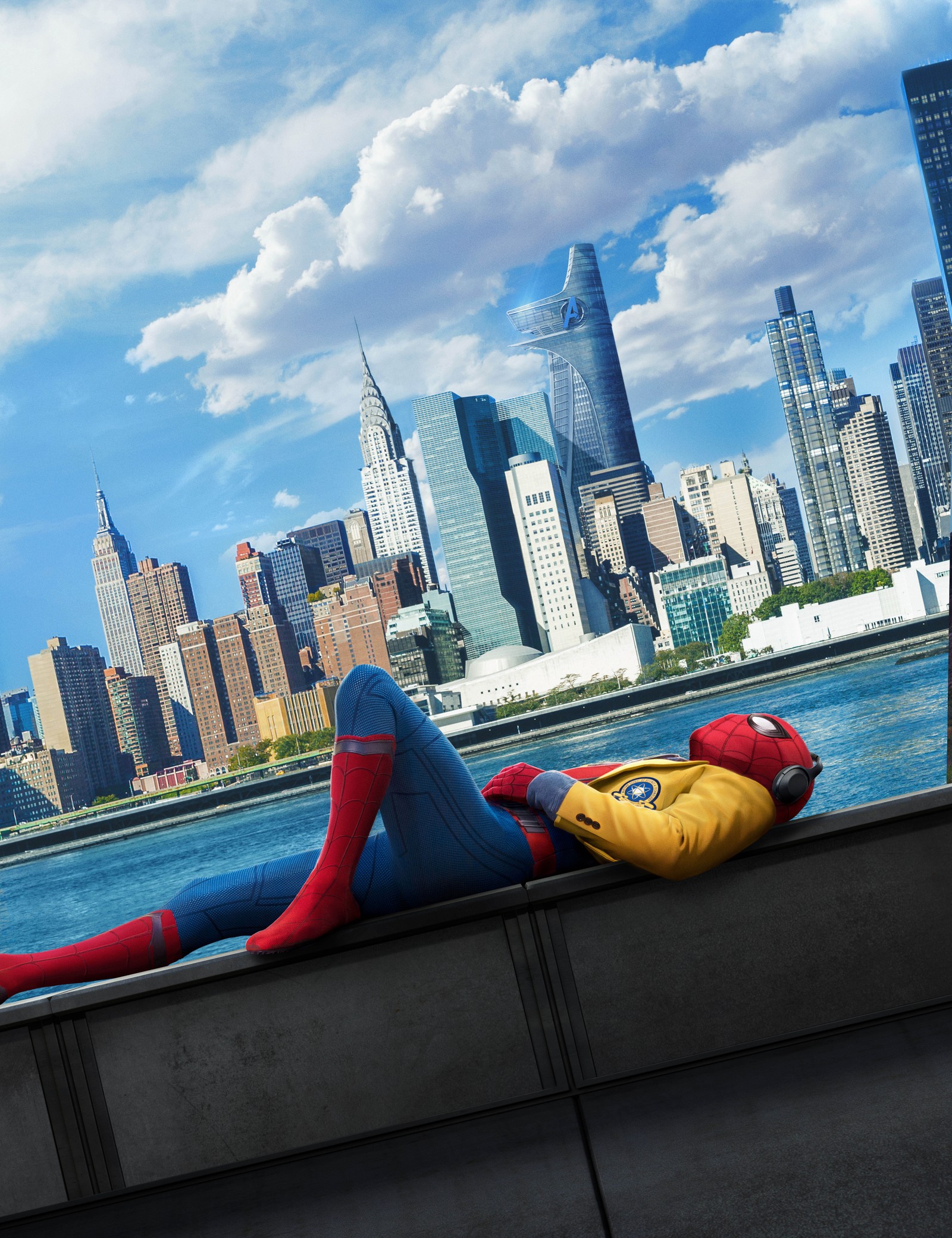 Spider - man laying on a ledge in front of a city skyline (avengers, hd, homecoming, man, movie)