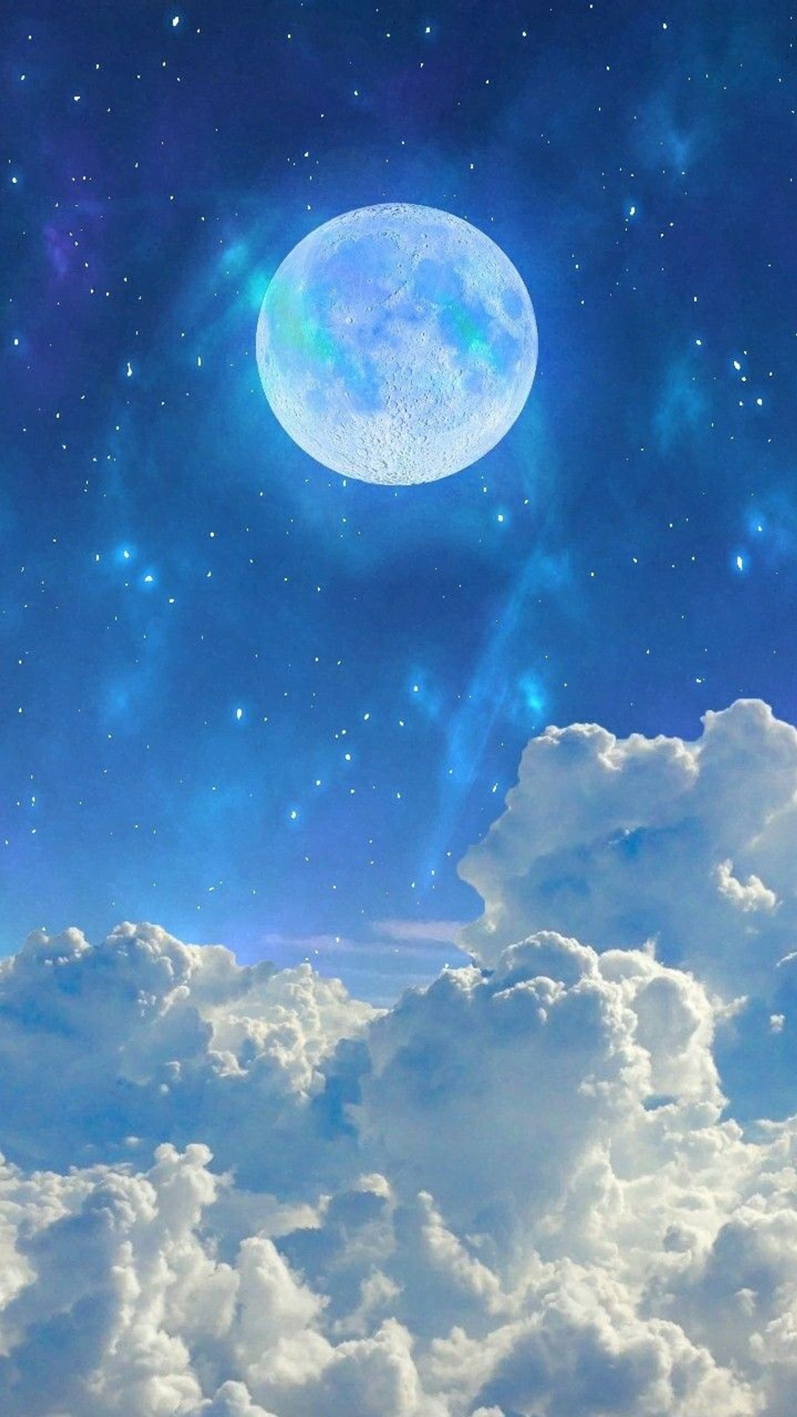 Une image d'une pleine lune dans le ciel (bleu, nuages, fantaisie, galaxie, lune)