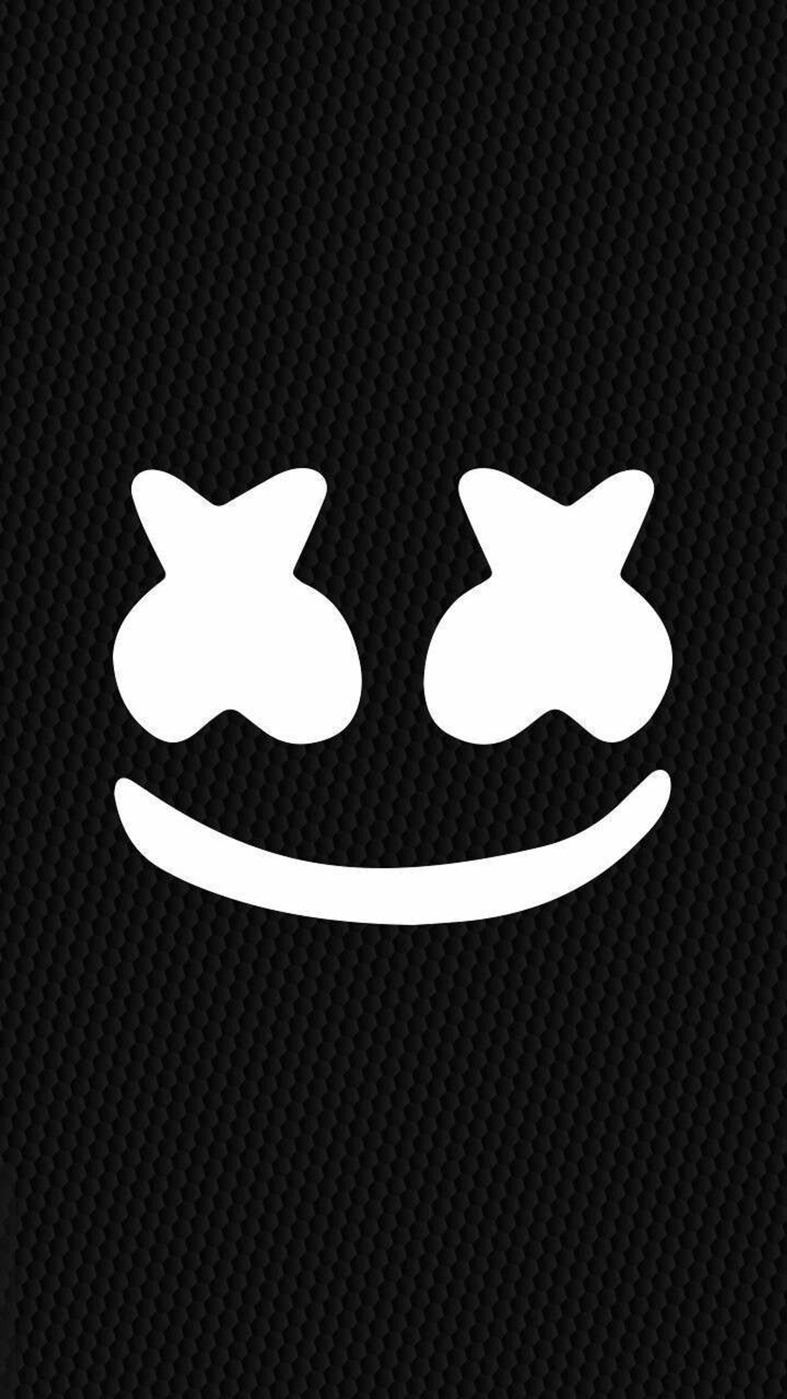 Um sorriso branco com dois olhos em um fundo preto (marshmello, edm)