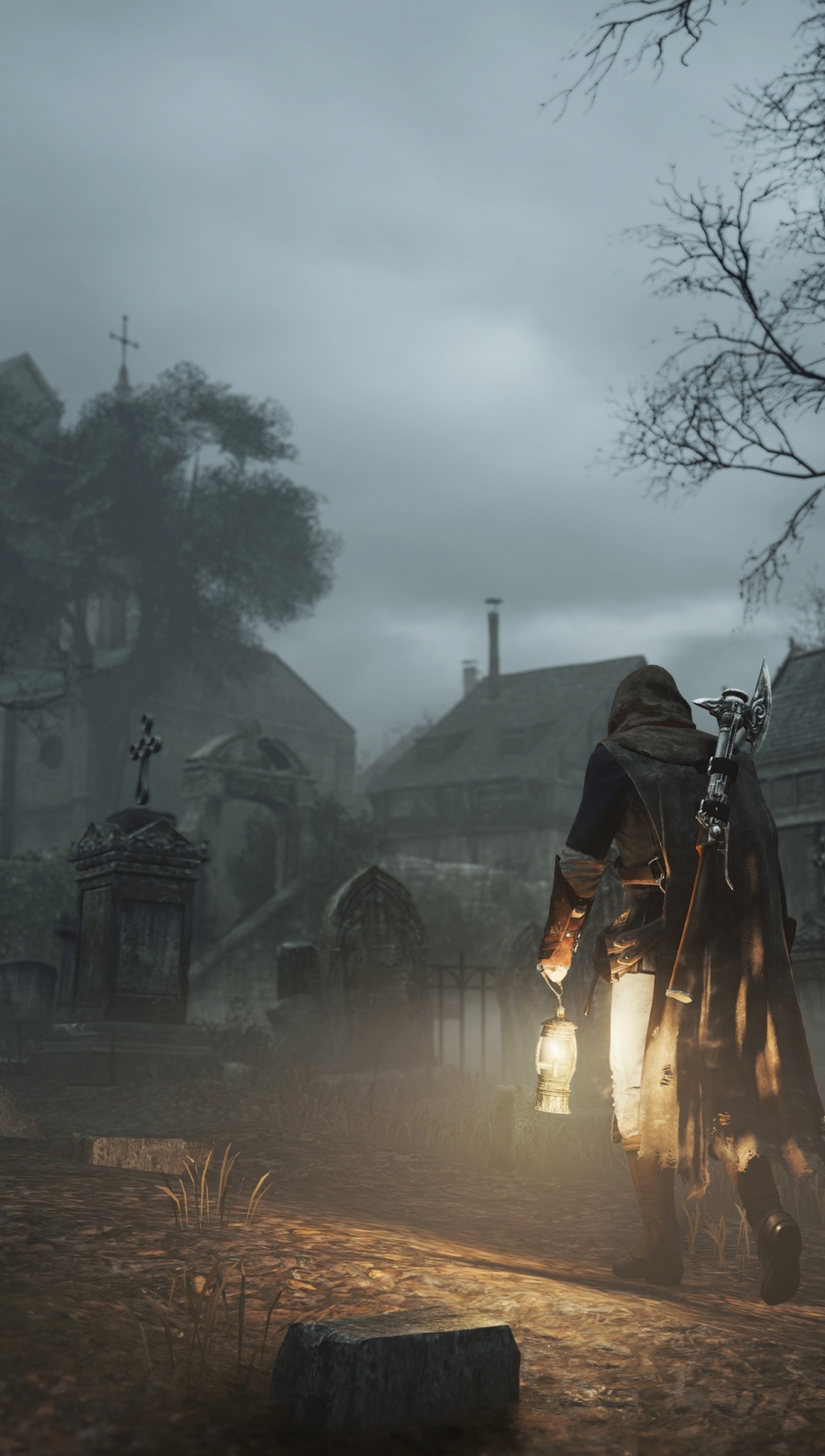 Verwischtes bild eines mannes, der mit einer laterne auf einem friedhof geht (arno, assassins creed, dead kings, einheit)