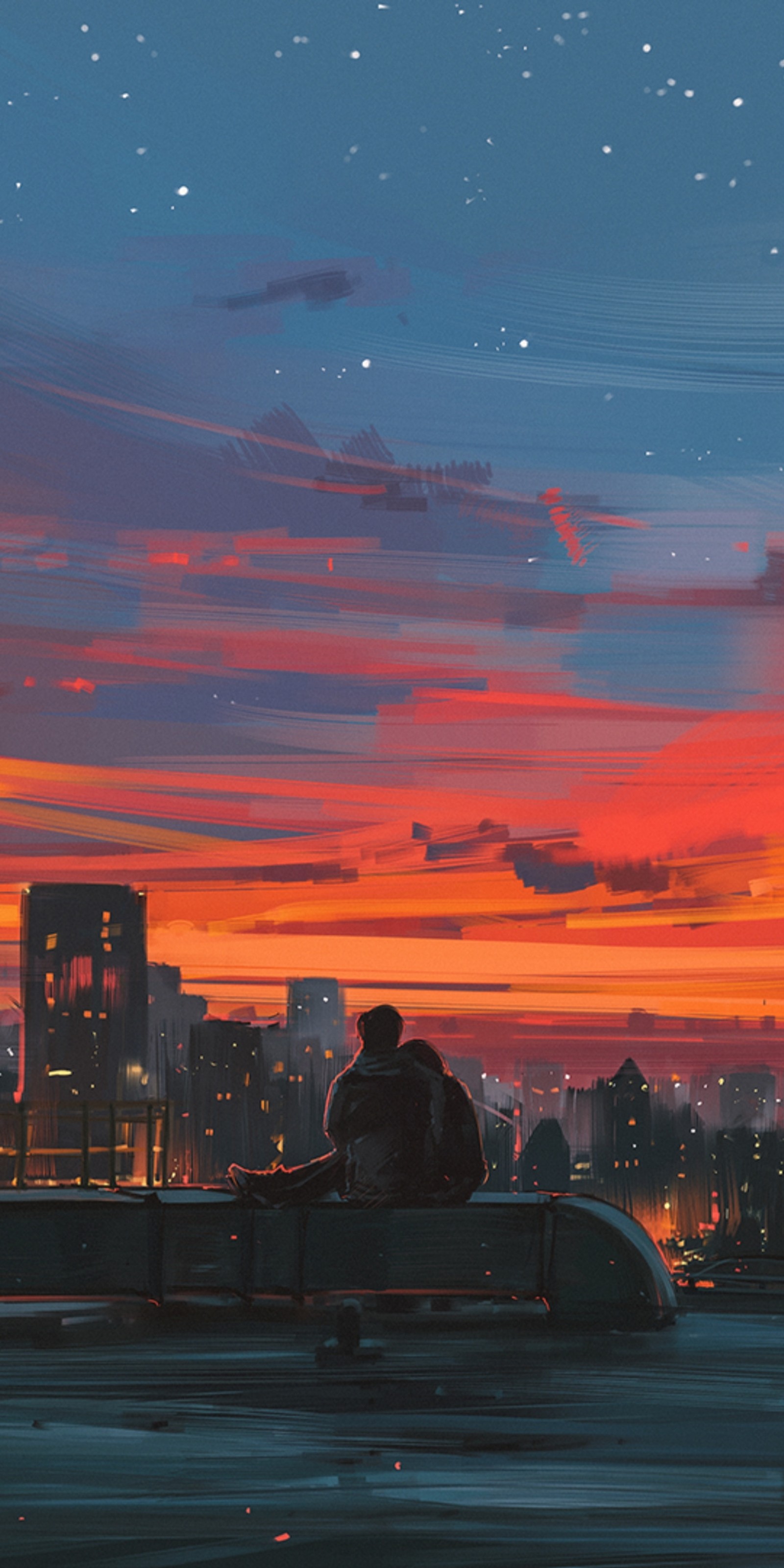 Painting of a couple sitting on a bench looking at the city (colours, city, afternoon, couple, love)