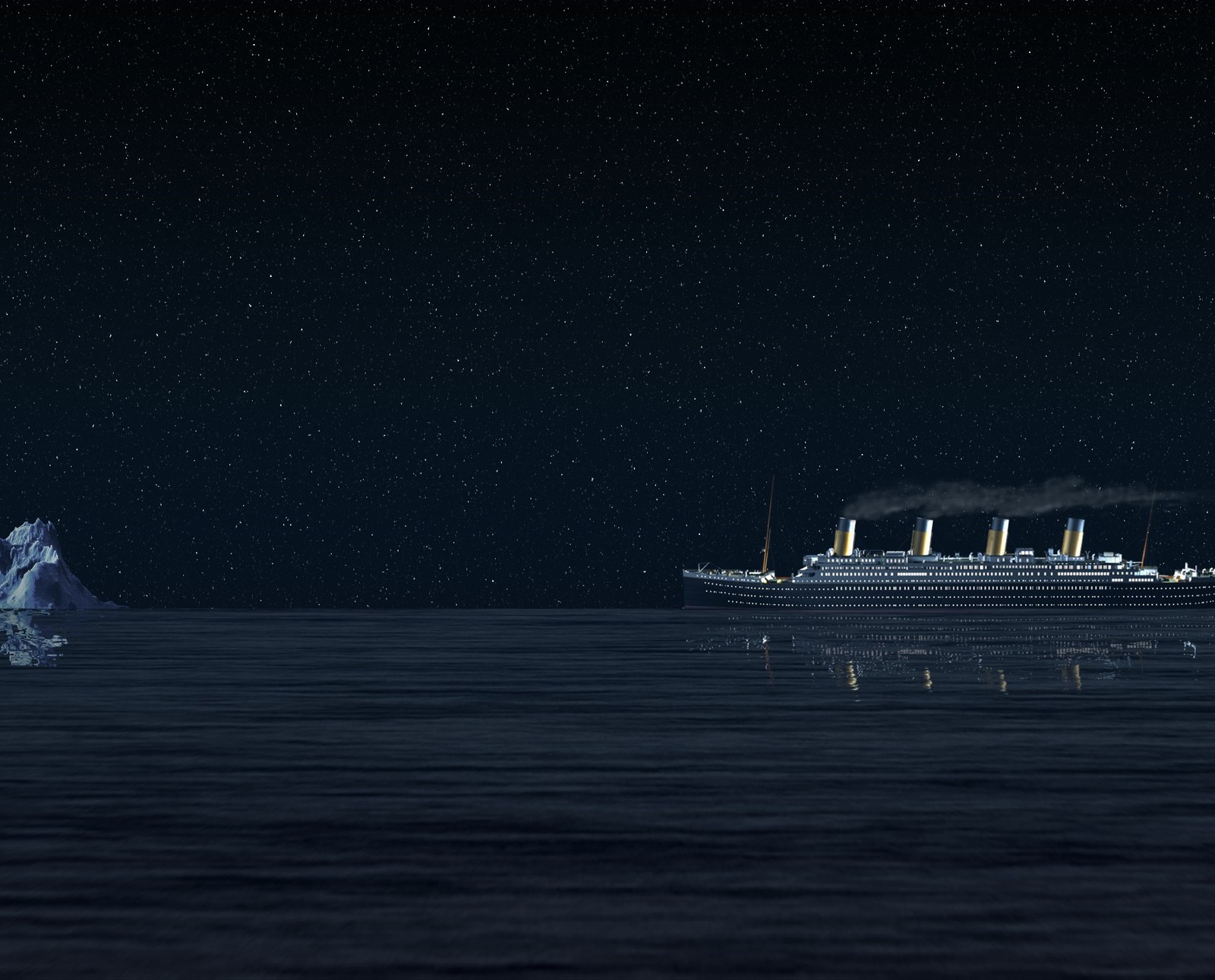 Un bateau dans l'océan la nuit avec une montagne en arrière-plan (hiphistory, iceberg, nuits, seastarry night, titanic)