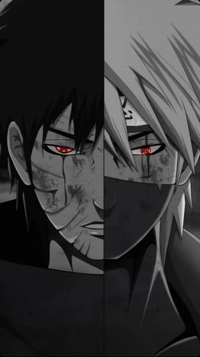 Dualité du Destin : Kakashi et Obito dans un Reflet Sombre