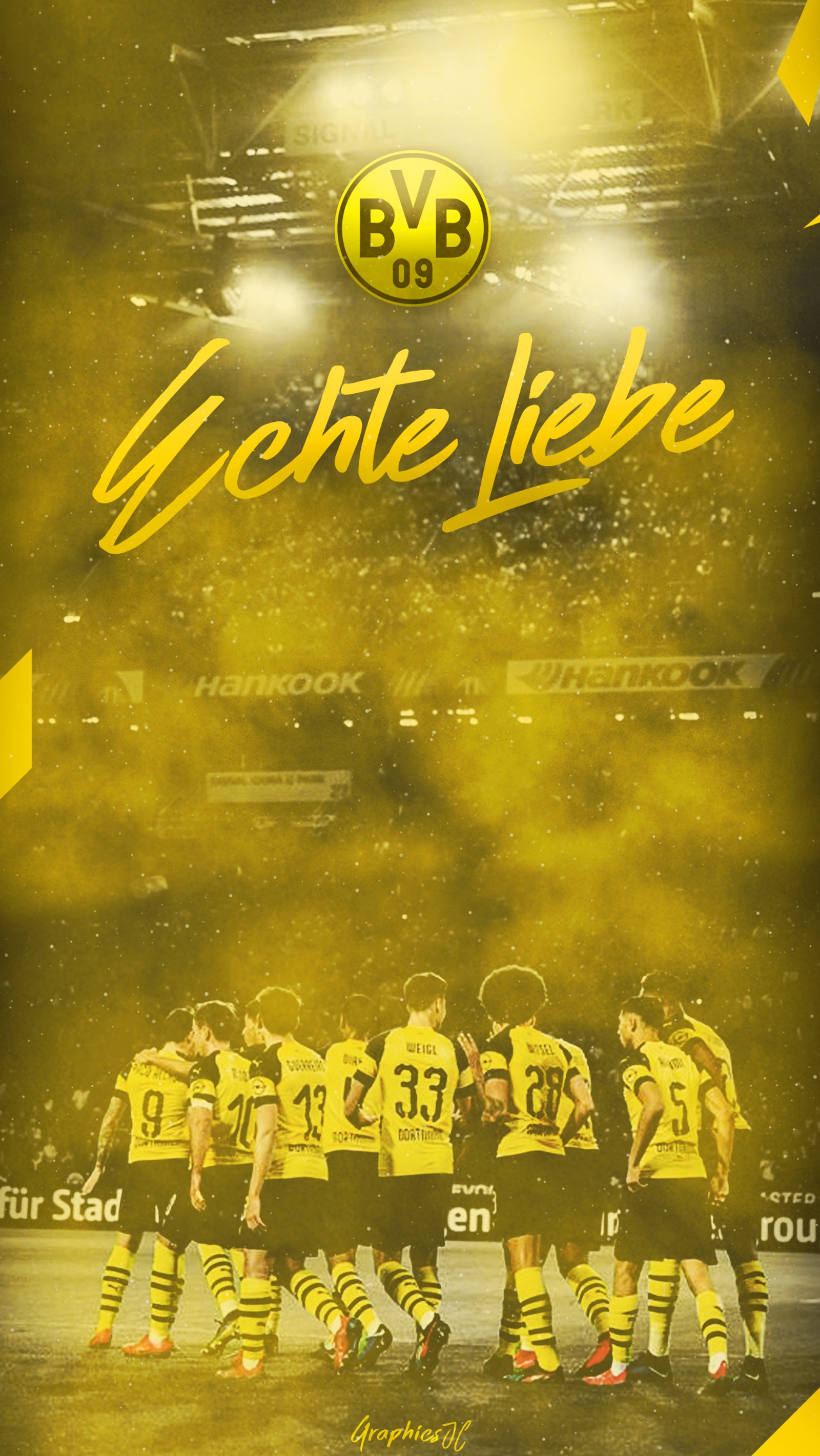 Um close de um cartaz de um time de futebol com um fundo amarelo (borussia, bvb, dortmund, echteliebe)