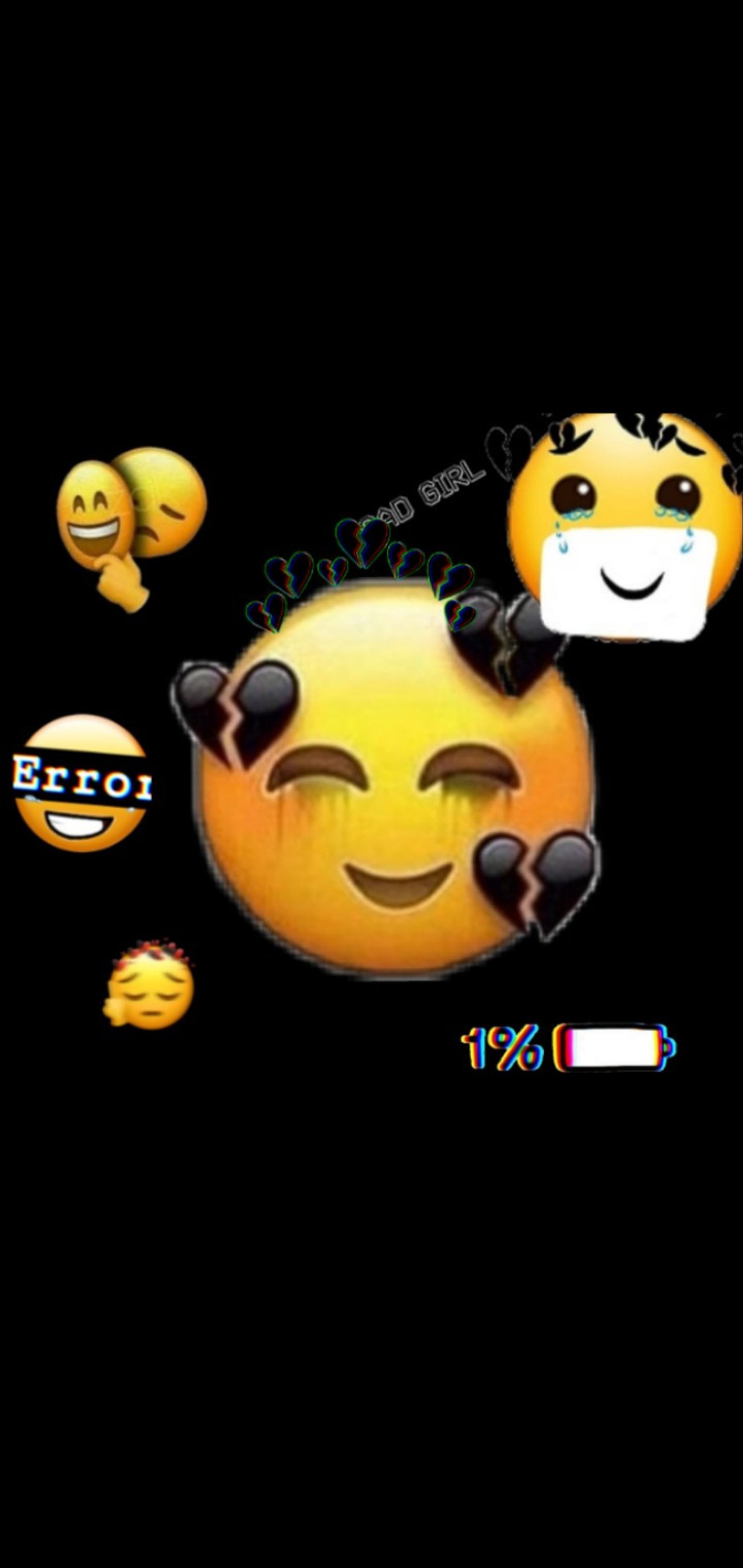 Eine nahaufnahme eines lächelnden gesichts mit vielen verschiedenen emoticons (kaputt, niedlich, depressiv, depression, fälschung)