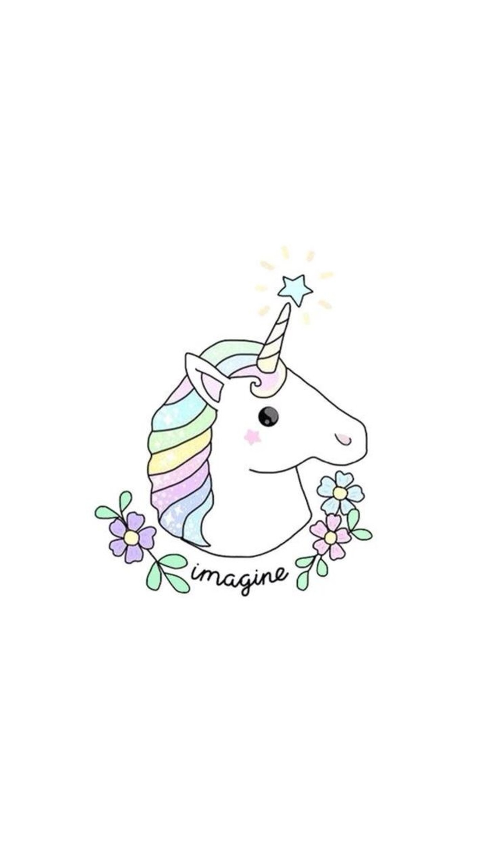 A white background with a unicorn with a flower crown and the words imagine (cute, imagine, pastels, sayings, unicorn)