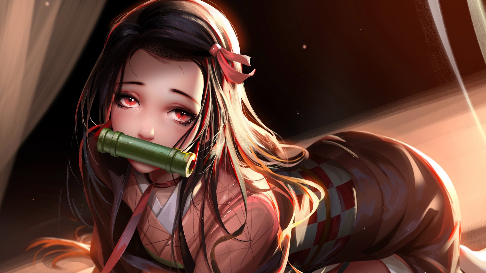 Uma mulher com um bambu na boca deitada em uma cama (nezuko kamado, kimetsu no yaiba, anime, 鬼滅の刃, assassino de demônios kimetsu no yaiba)