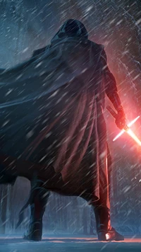 Kylo Ren em uma paisagem nevada com flare de lente